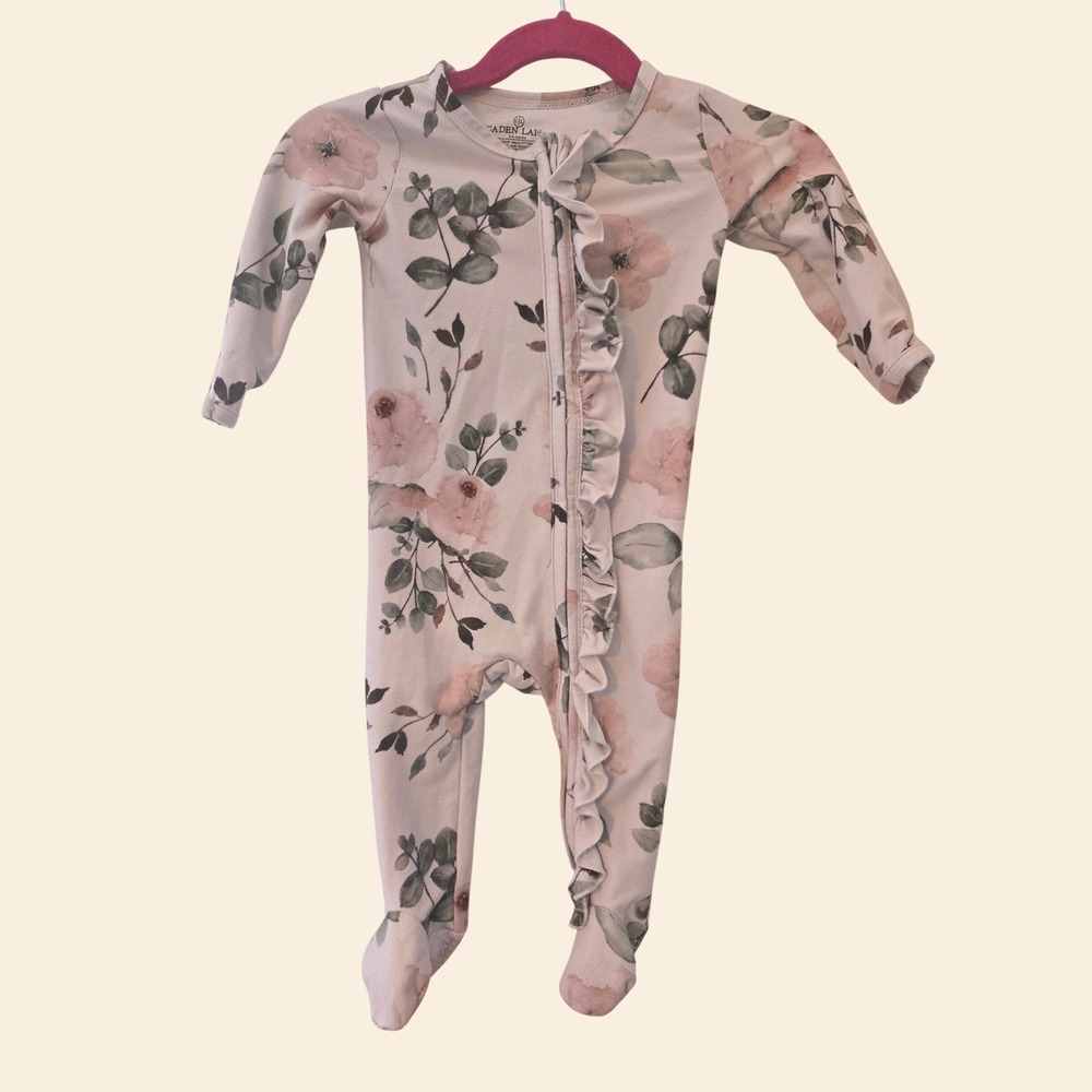 Caden Lane Floral Ruffle Footie Sleeper Pink Rose Eucalyptus 3-6 Months